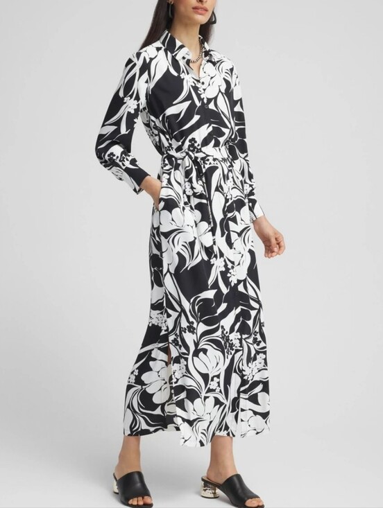 Chico's Dresses & Skirts - Chico's Foiliage Maxi Shirt Button-Front Dress Black White Longsleeve Pockets